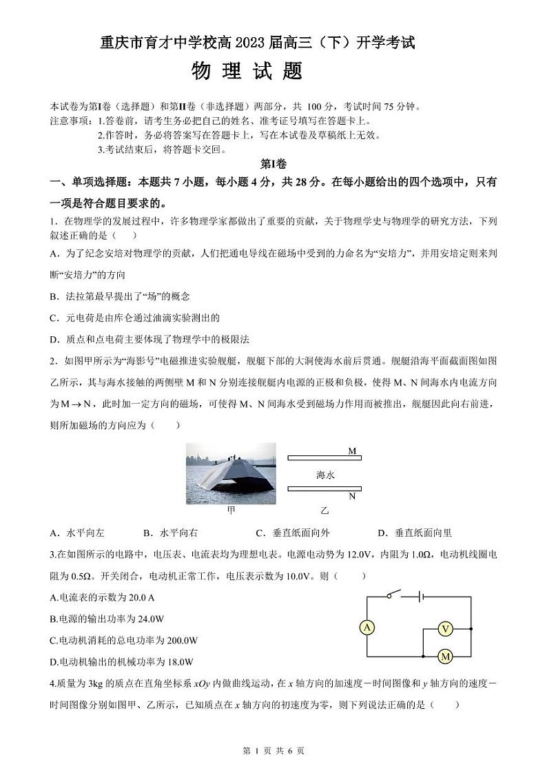 重庆市育才中学2022-2023学年高三下学期开学考试物理试题  PDF版无答案（可编辑）第1页