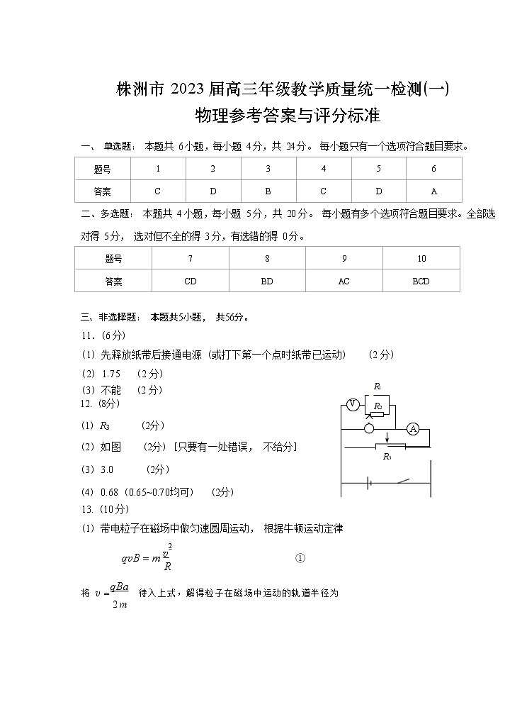 2023株洲高三教学质量统一检测（一）物理图片版含答案01