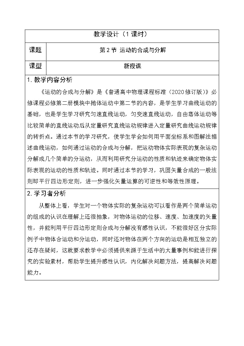 5.2 运动的合成与分解 教学设计 高一下学期物理人教版（2019）必修第二册01
