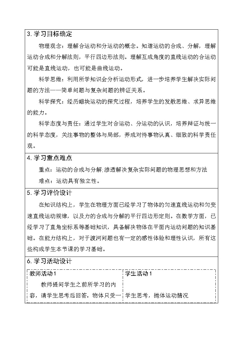 5.2 运动的合成与分解 教学设计 高一下学期物理人教版（2019）必修第二册02