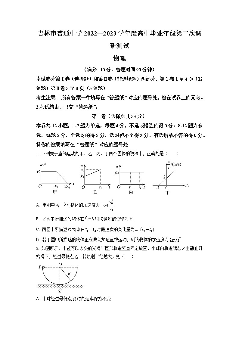 吉林省吉林市普通中学2022-2023学年高三下学期第二次调研测试物理试题（原卷版）第1页