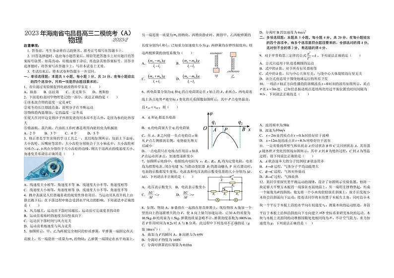 2022-2023学年海南省屯昌县高三二模统考（A）物理试题 PDF版第1页