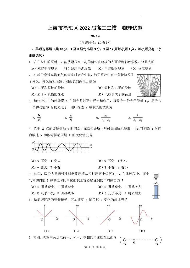 上海市徐汇区2022届高三二模  物理试题第1页
