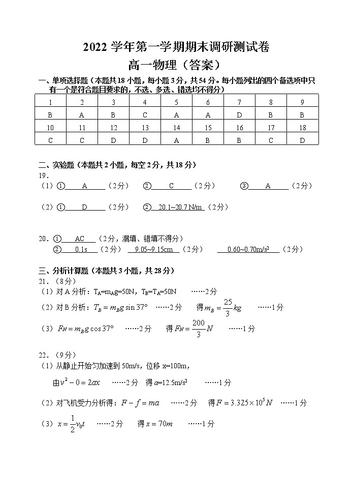 2022学年第一学期期末调研测试卷高一物理（答案）(1)第1页