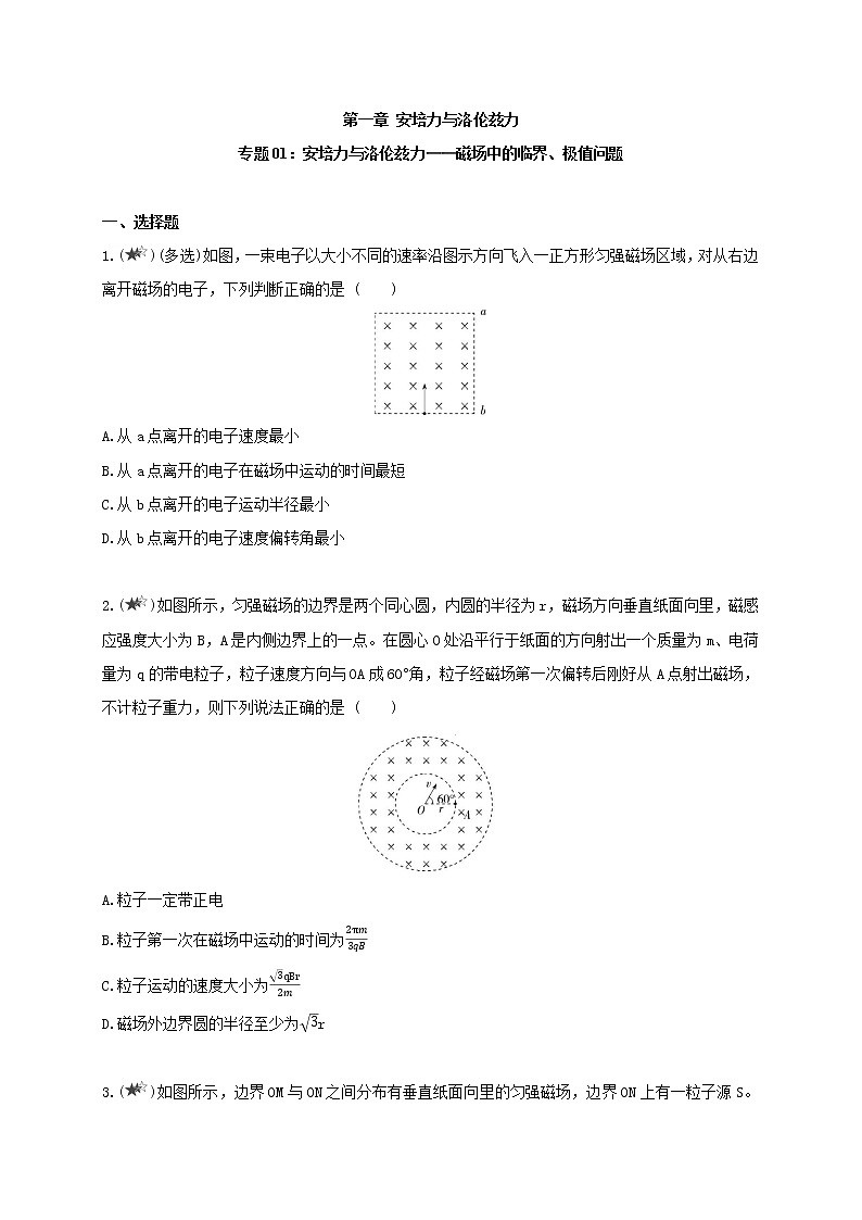 专题01 安培力与洛伦兹力-磁场中的临界、极值问题--高中物理同步练习分类专题教案（人教版选择性必修第二册）01