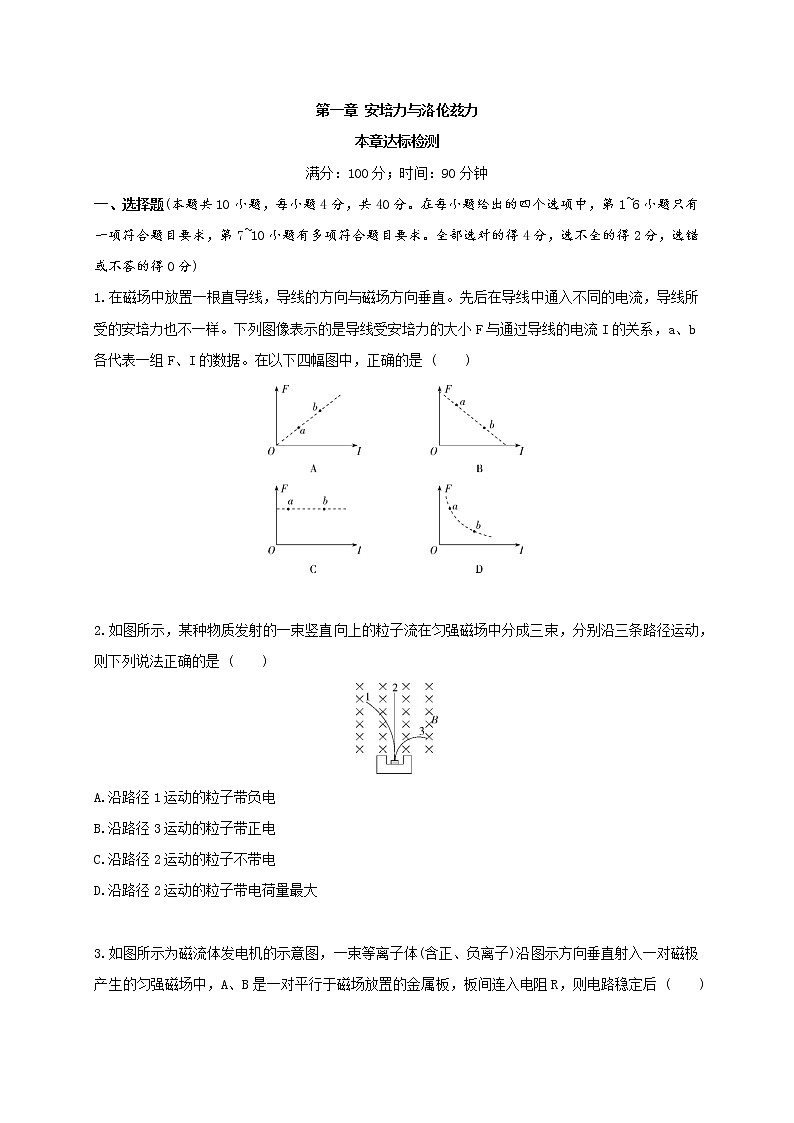 第一章 安培力与洛伦兹力——本章达标检测--高中物理同步练习分类专题教案（人教版选择性必修第二册）第1页
