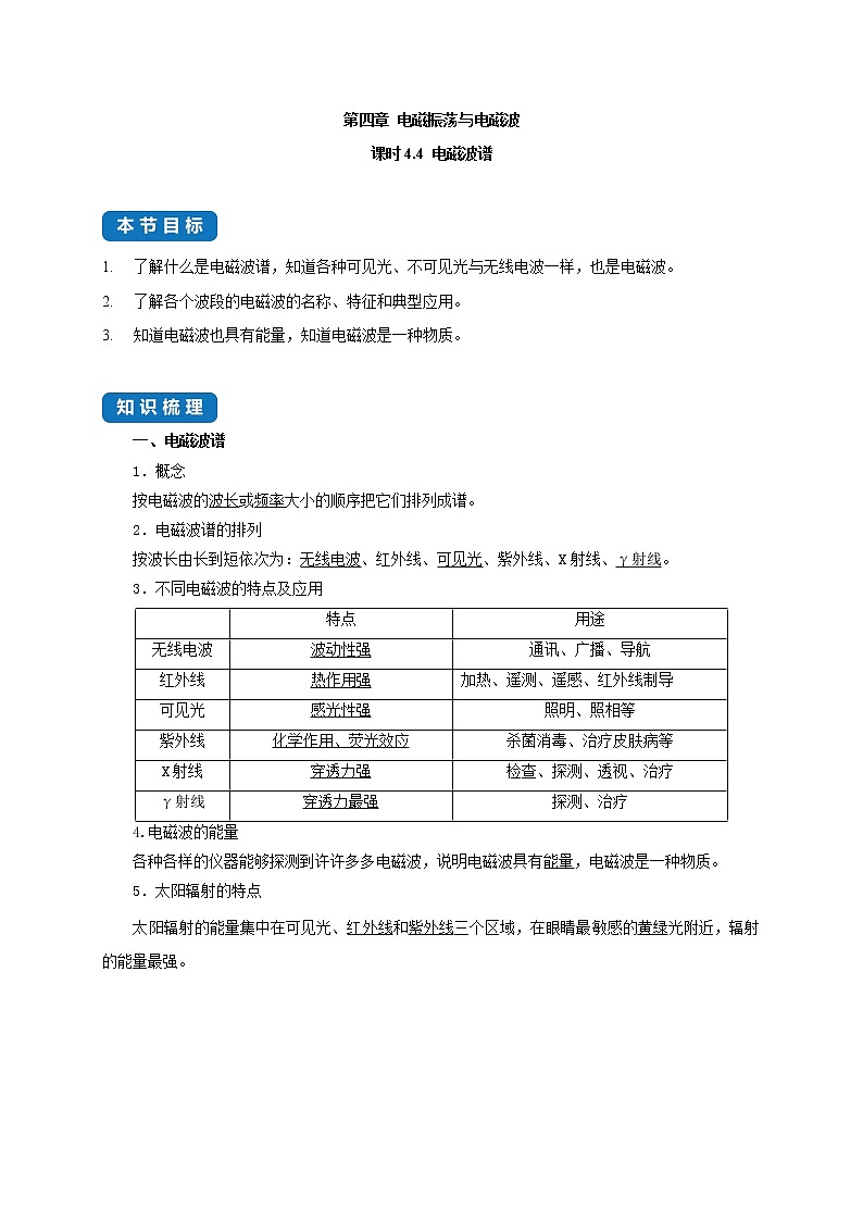 课时4.4 电磁波谱--高中物理同步练习分类专题教案（人教版选择性必修第二册）01