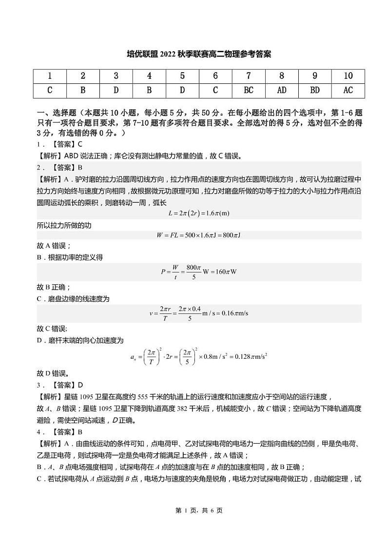 2022秋赛高二物理参考答案第1页