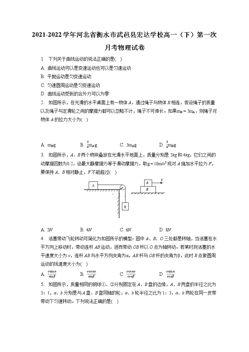 2021-2022学年河北省衡水市武邑县宏达学校高一（下）第一次月考物理试卷(含答案解析)01