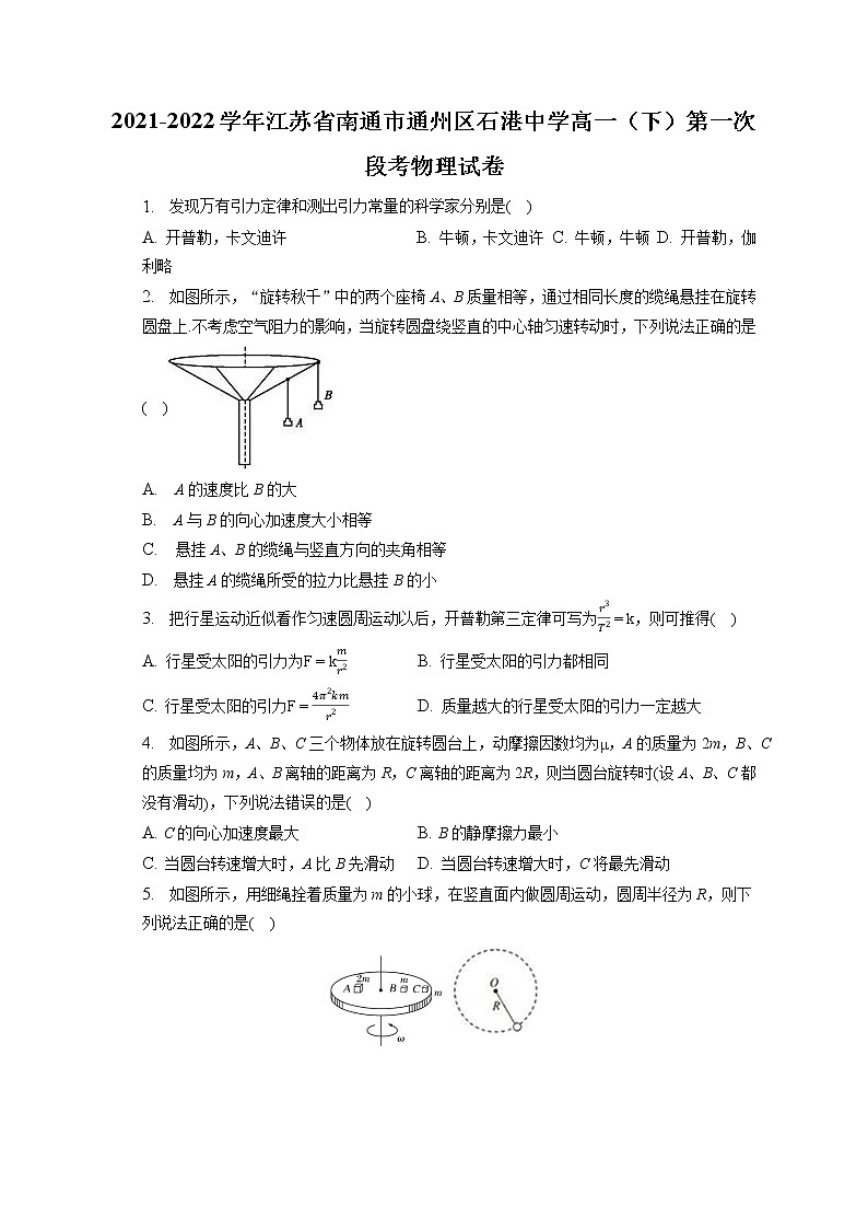 2021-2022学年江苏省南通市通州区石港中学高一（下）第一次段考物理试卷(含答案解析)第1页