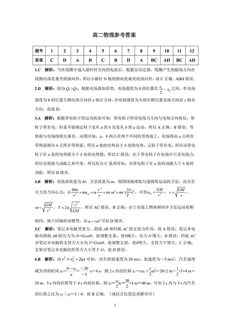 2022-2023学年陕西省安康市高二下学期开学摸底考试物理参考答案(9)第1页