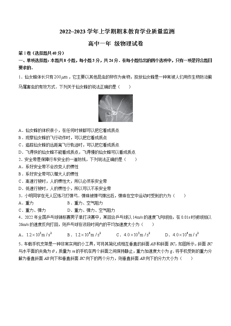 2022-2023学年云南省楚雄彝族自治州高一上学期期末教育学业质量监测物理试题01