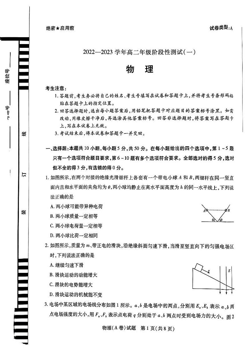 2022-2023学年河南省天一大联考高二上学期10月阶段性测试（一）物理试题  PDF版01