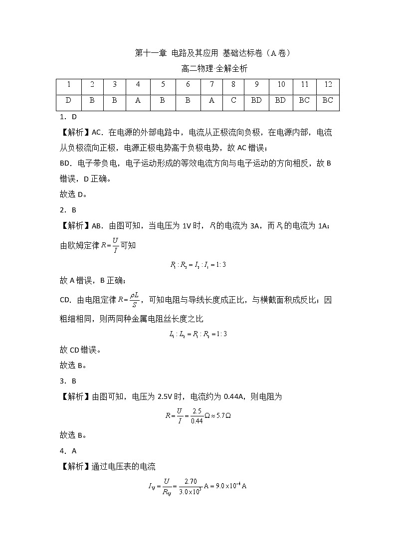第十一章 电路及其应用 基础达标卷（A卷）-高二物理分层训练AB卷（人教版必修第三册）01