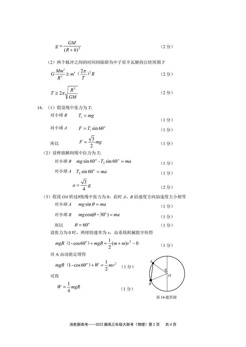 江苏决胜新高考2023届高三年级12月大联考物理试题参考答案第2页