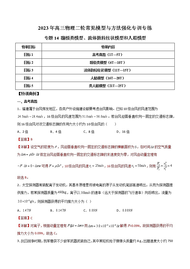 【高考二轮复习】2023年高考物理常见模型与方法专项练习——专题14 蹦极类模型、流体微粒柱状模型和人船模型01