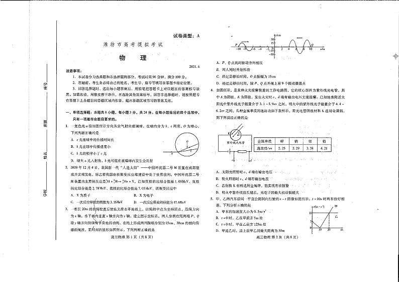 2021届山东省潍坊市高三下学期4月高考模拟考试（二模）物理试题 PDF版第1页