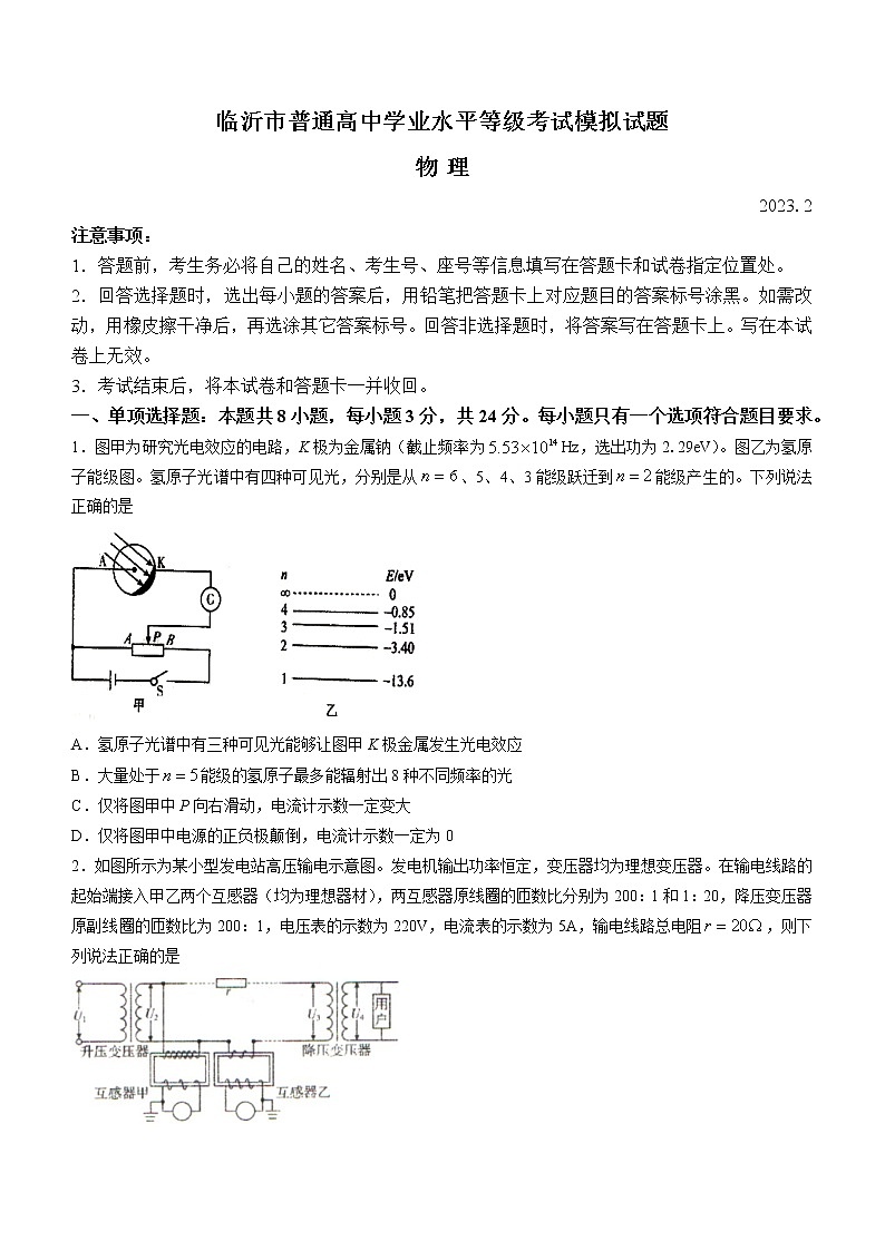 2023届山东省临沂市高三学业水平等级考试模拟（一模）物理试题及答案01