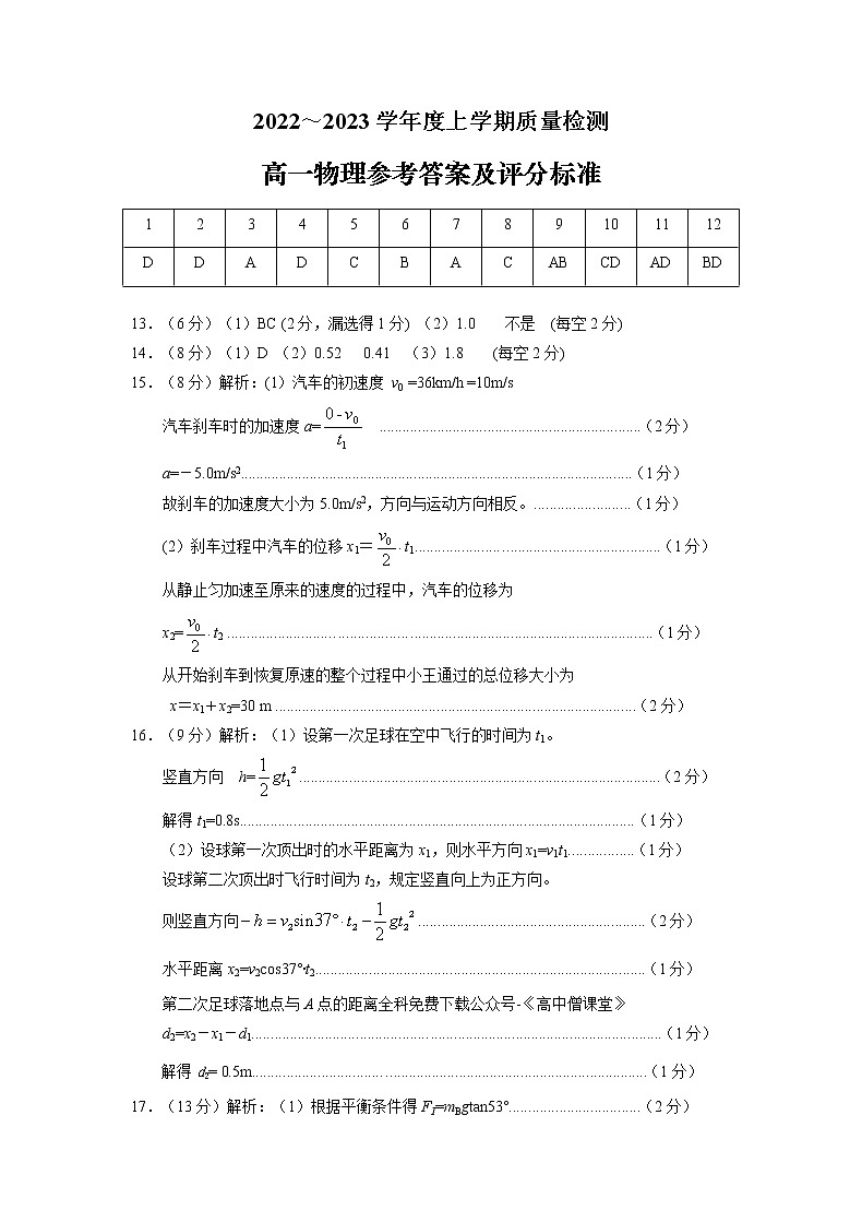2023济宁高一上学期期末考试物理含答案01