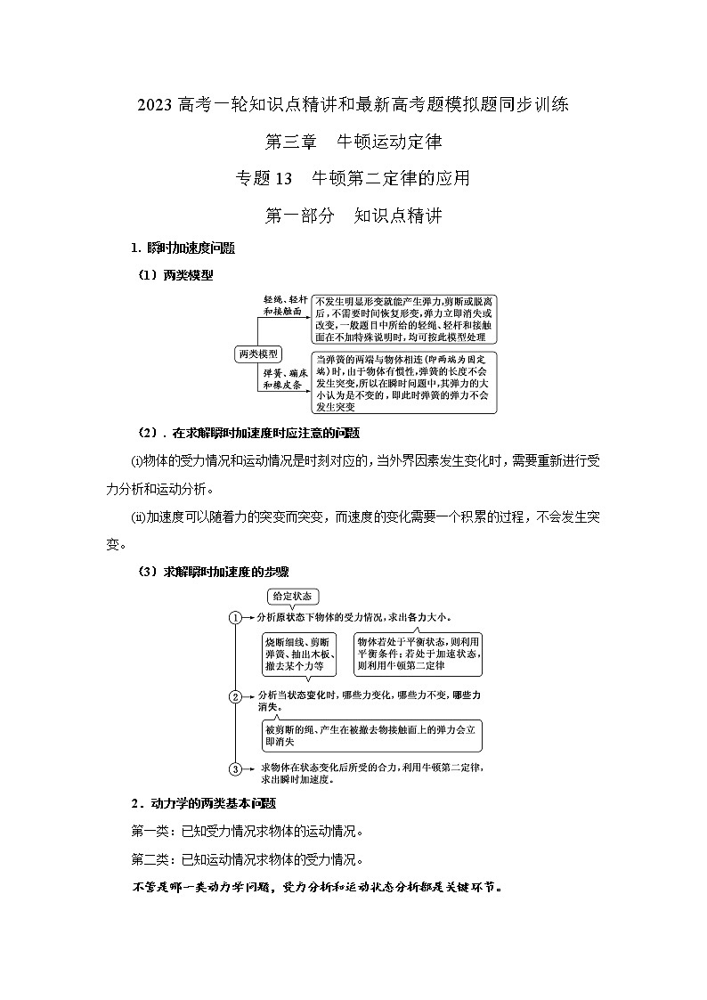 专题13牛顿运动定律的运用（原卷版+解析版）-2023届高考物理一轮复习知识点精讲与最新高考题模拟题同步训练01