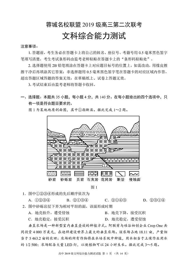 2022届四川省成都市蓉城名校联盟高三下学期第二次联考试题 文综 PDF版01