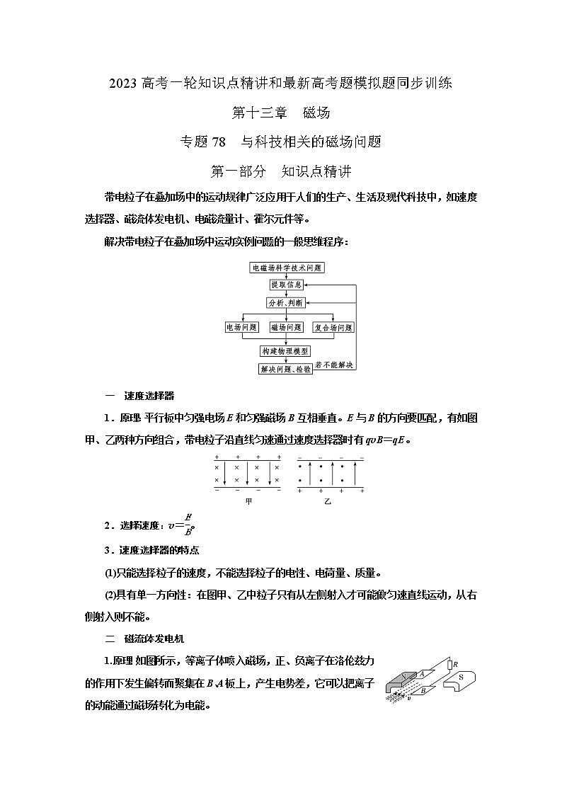 专题78  与科技相关的磁场问题（原卷版+解析版）-2023届高考物理一轮复习知识点精讲与最新高考题模拟题同步训练01