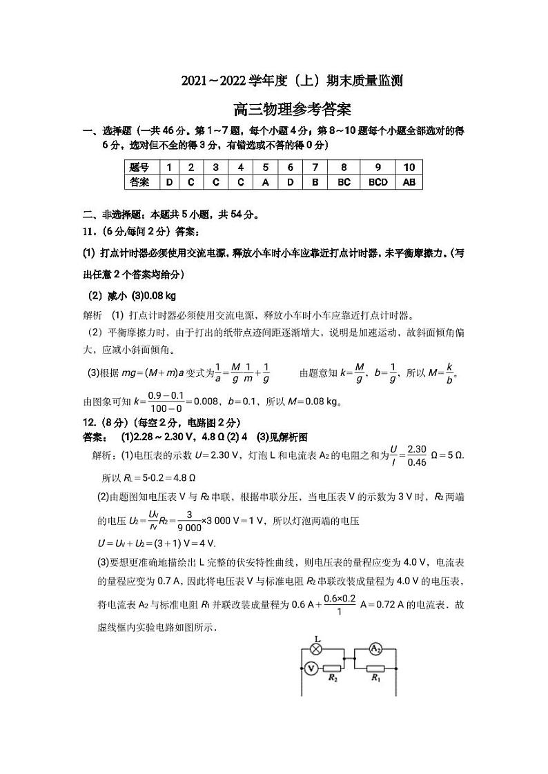 2022届辽宁省丹东市高三上学期期末教学质量监测物理试题 PDF版01