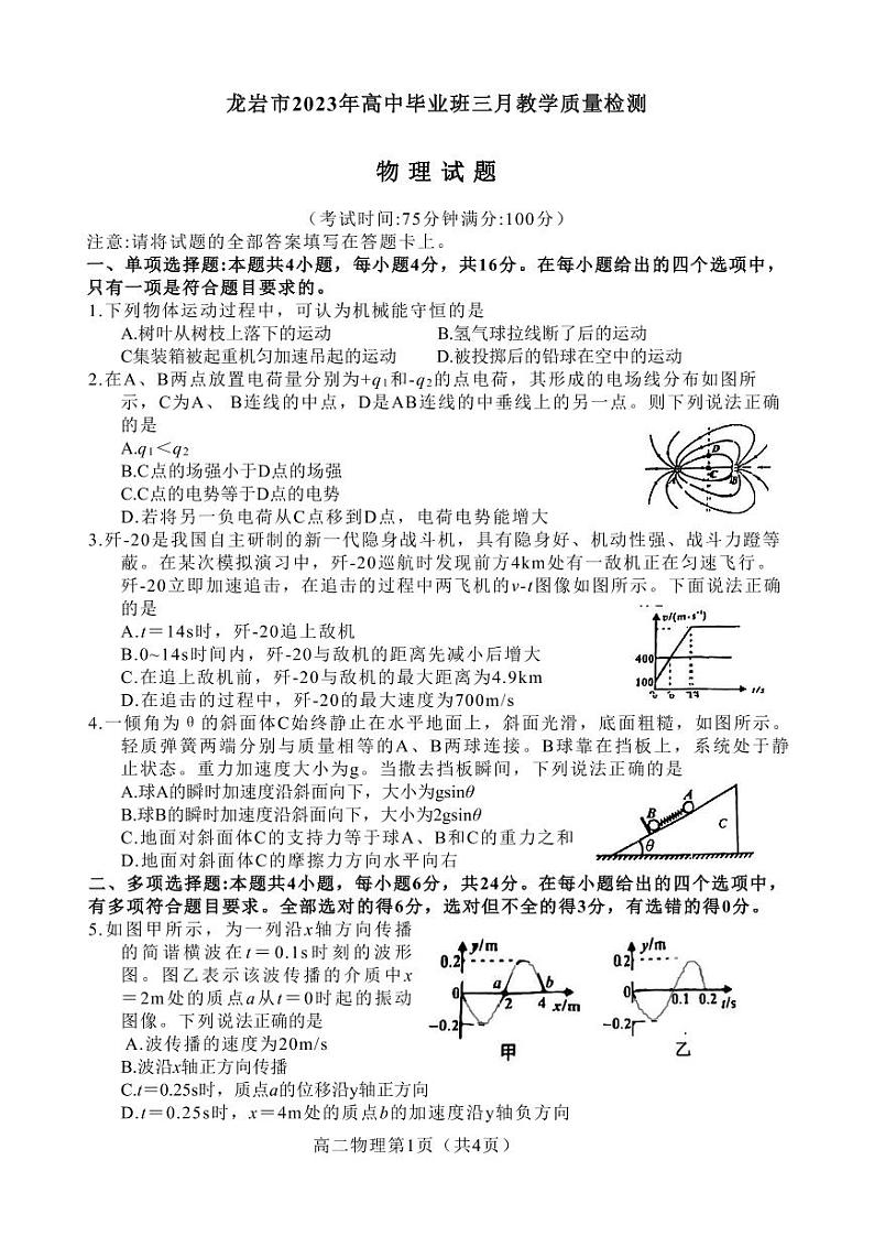 2023年福建省龙岩市高三下学期3月教学质量检测物理试题含答案解析01