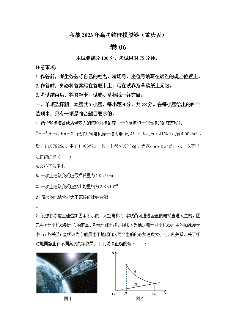 2023届重庆市高考模拟卷（六）物理试题（word版）第1页