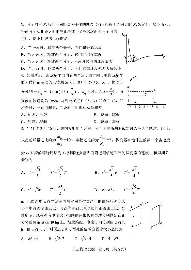 2021届山东省淄博市高三年级下学期3月一模考试物理试题 PDF版第2页