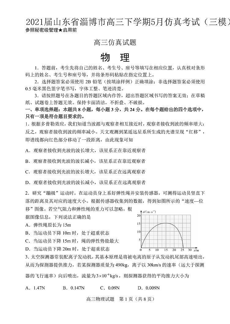 2021届山东省淄博市高三下学期5月仿真考试（三模）物理试题 PDF版01