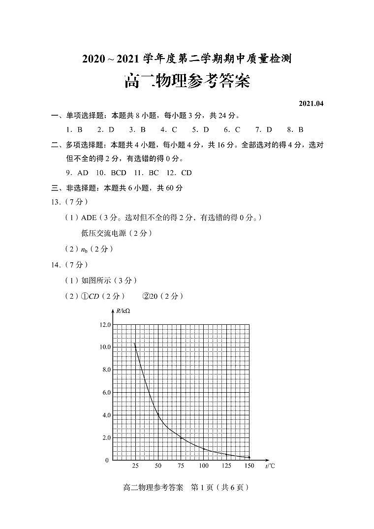 2020-2021学年山东省枣庄滕州市高二下学期期中质量检测物理试题 PDF版01