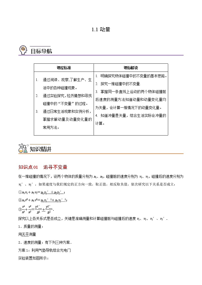 1.1动量-高二物理同步精品讲义（人教版选修性必修第一册）（学生版）01