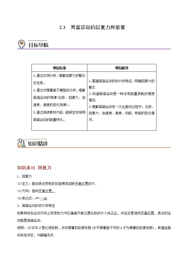 2.3  简谐运动的回复力和能量高二物理同步精品讲义（人教版选择性必修第一册）（学生版）01
