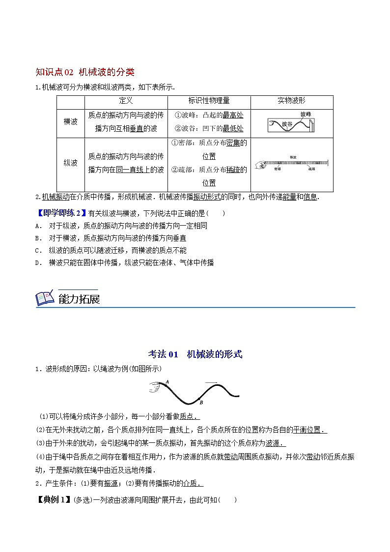 3.1  波的形成高二物理同步精品讲义（人教版选择性必修第一册）（学生版）02