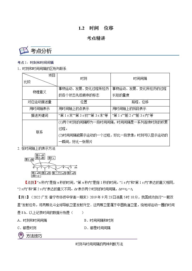 1.2  时间  位移-高一物理精讲精练（人教版必修第一册）（原卷版）第1页