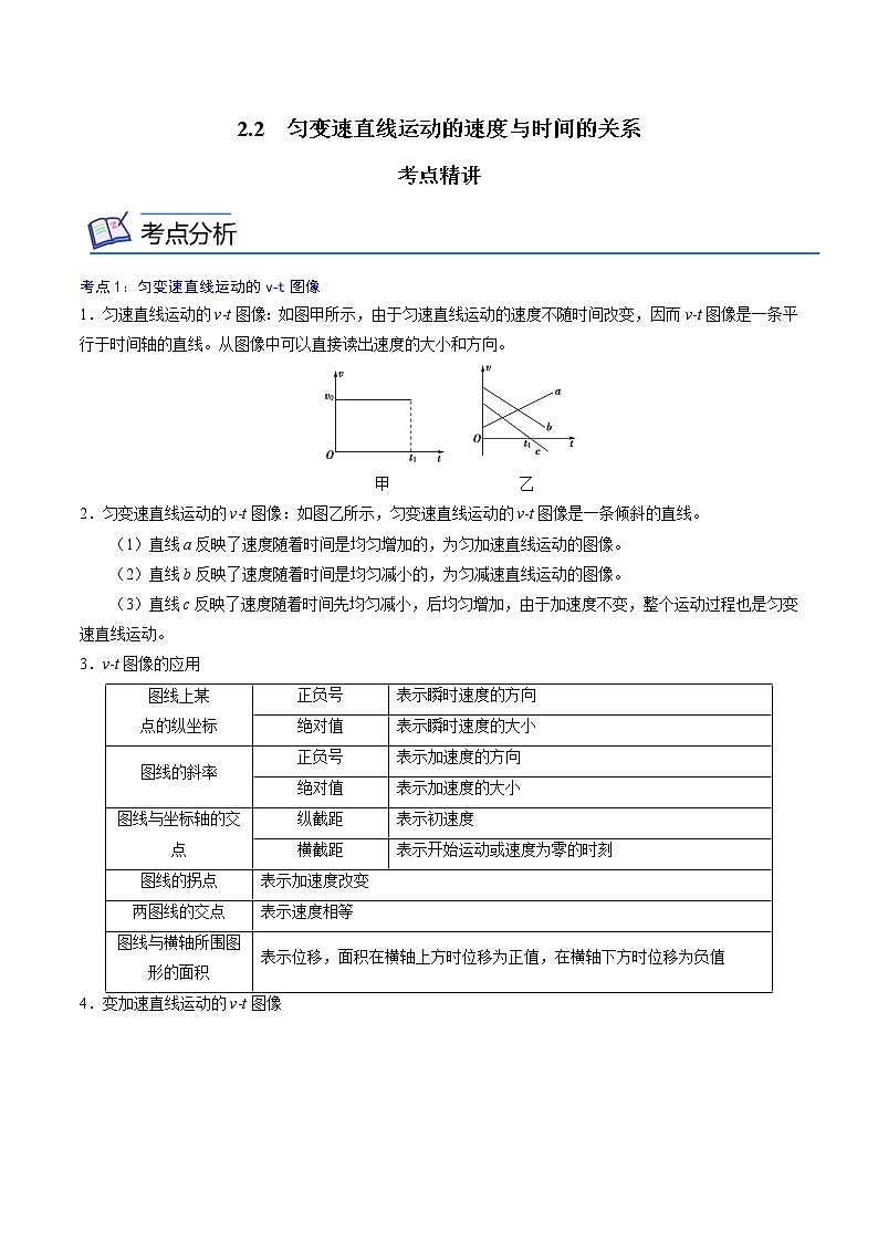 2.2  匀变速直线运动的速度与时间的关系  -高一物理精讲精练（人教版必修第一册）（原卷版）第1页