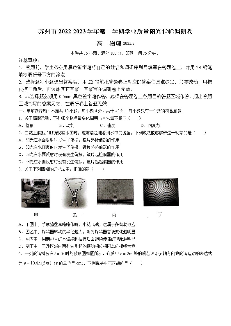 2023苏州高二上学期期末学业质量阳光指标调研试题物理无答案01