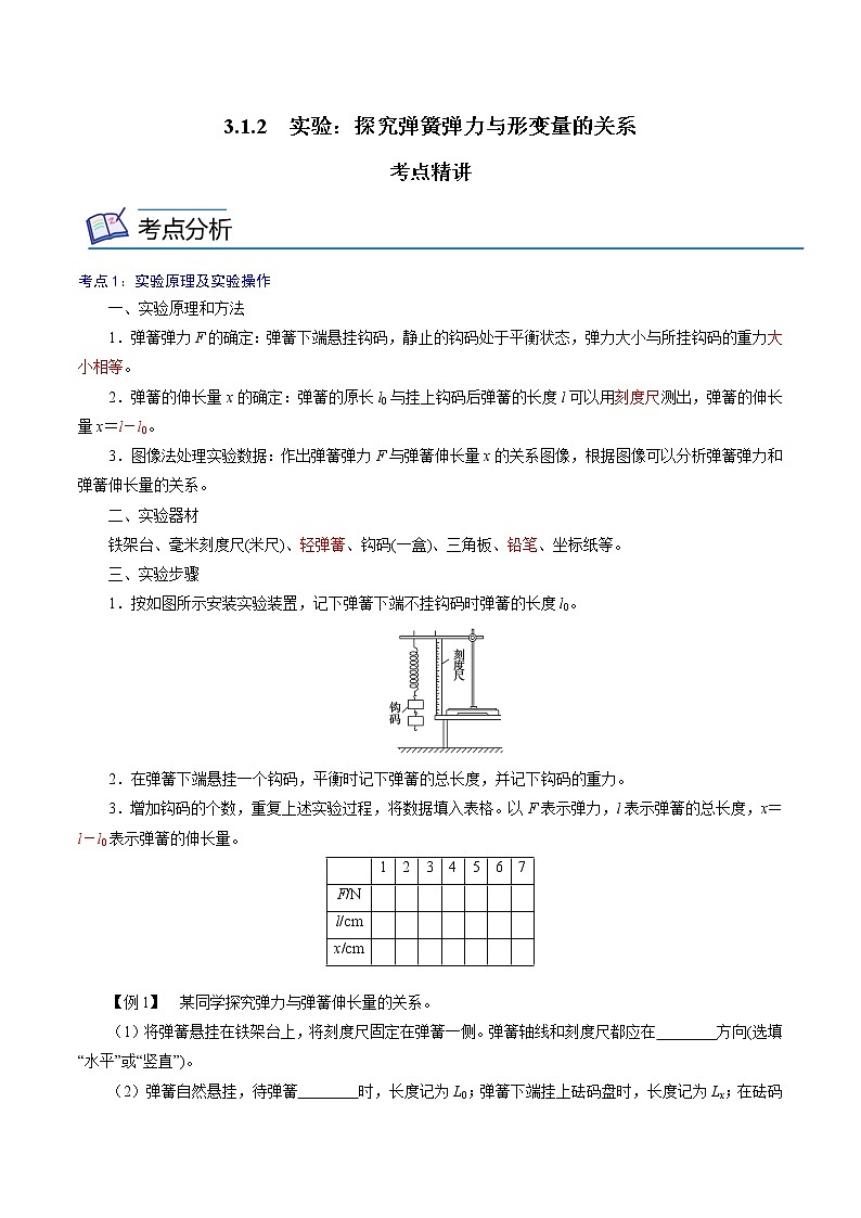 3.1.2  实验：探究弹簧弹力与形变量的关系  -高一物理精讲精练（人教版必修第一册）（解析版）第1页