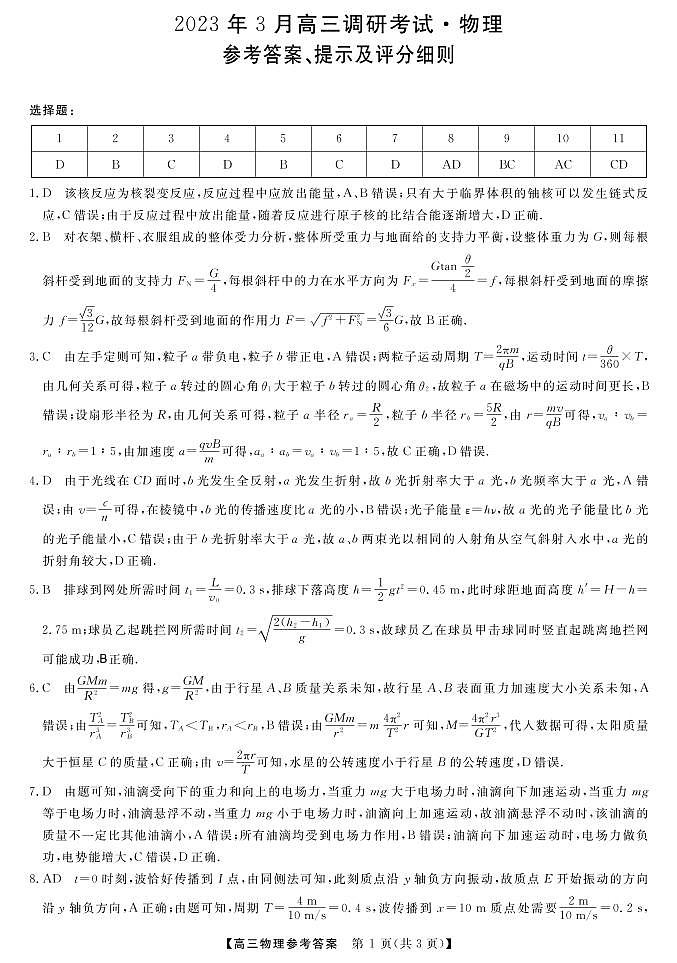 湖南省名校联盟高三下学期3月调研考试 物理试题及答案01