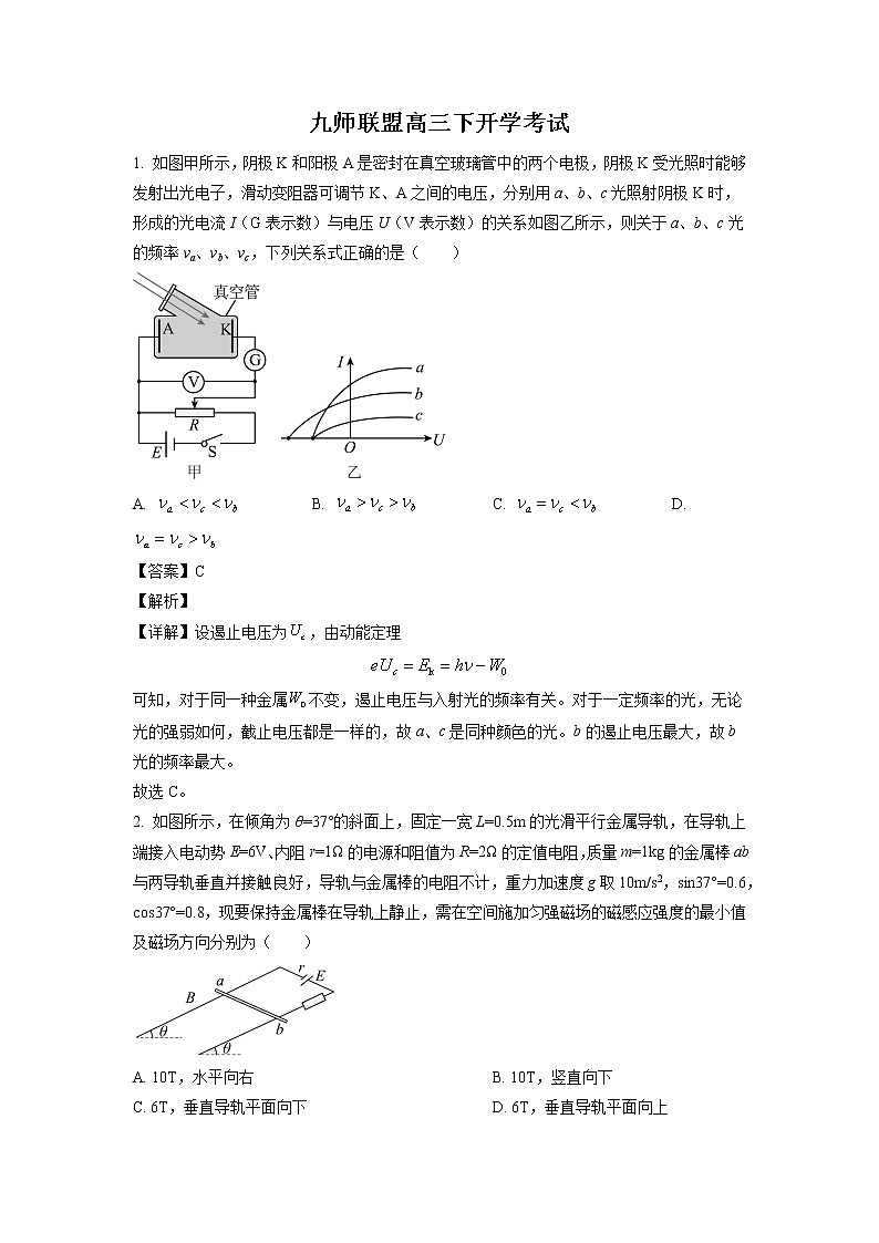 安徽省九师联盟2022-2023学年高三下学期开学考试理综物理试题（解析版）第1页