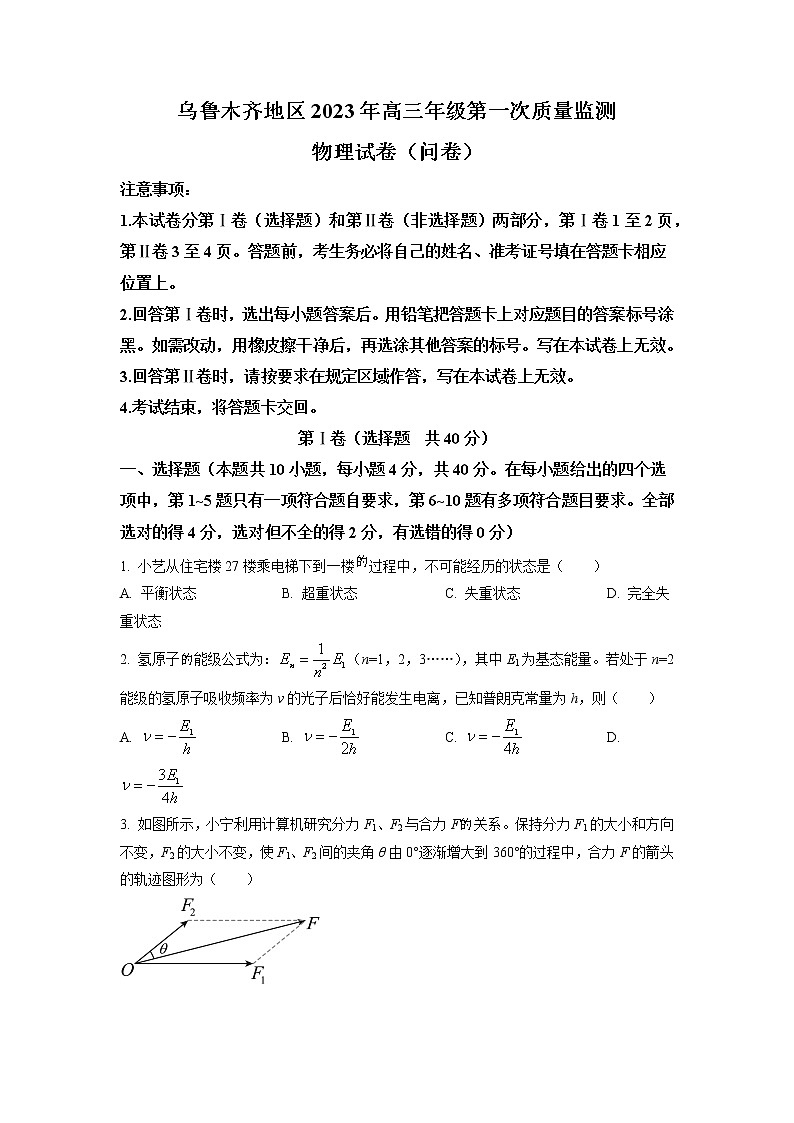 2023届新疆乌鲁木齐自治区高三下学期第一次质量监测（一模）物理试题（原卷版）第1页