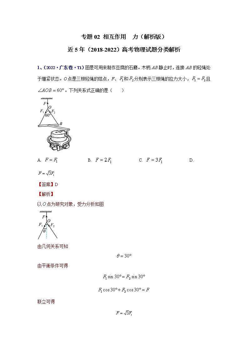 专题02 相互作用　力-五年（2018-2022）高考物理真题分项汇编（全国通用）（解析版）第1页