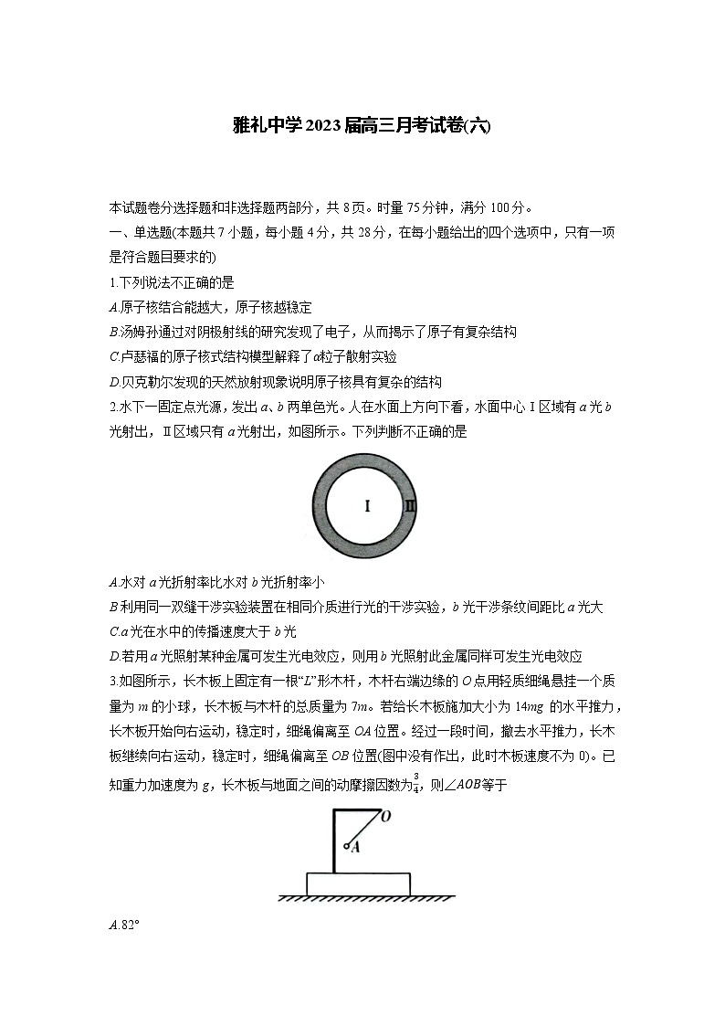 2022-2023学年湖南省长沙市雅礼中学高三下学期月考卷（六）物理（word版）01