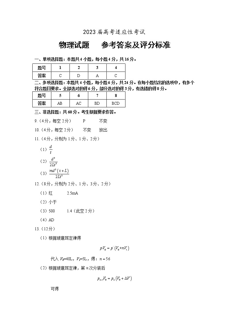 2023届福建省厦门市双十中学高三二模物理答案及评分标准第1页