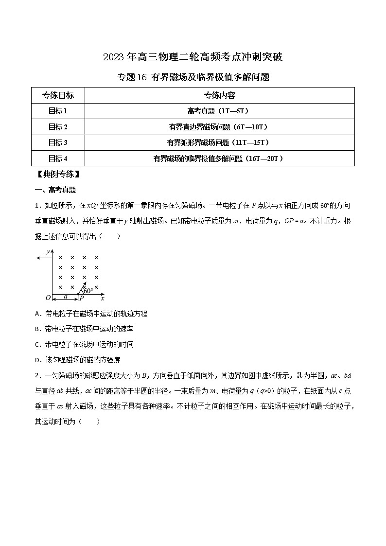 专题16 有界磁场及临界极值多解问题-2023年高三物理二轮高频考点冲刺突破01