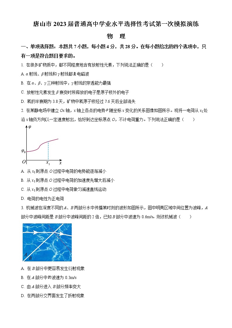 河北省唐山市2023届高三下学期3月一模试题+物理+Word版含答案01