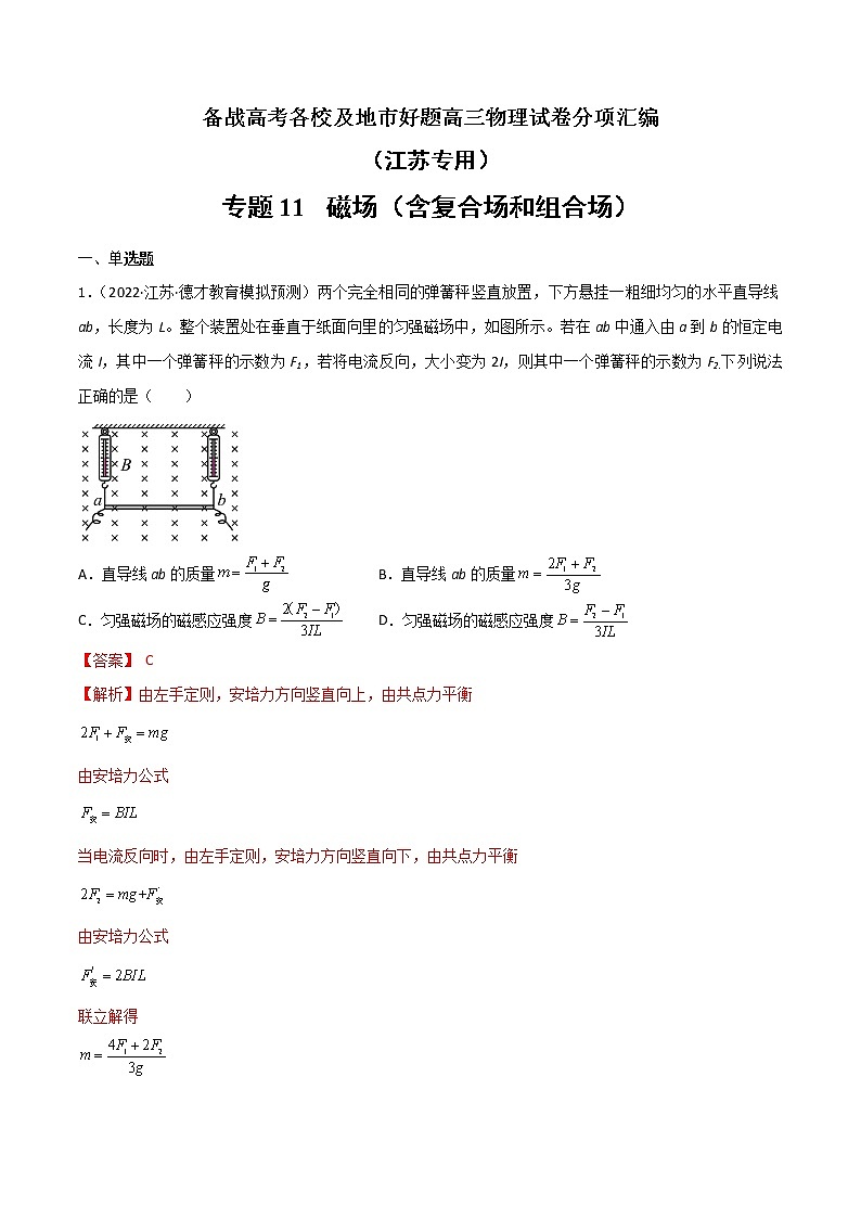 专题11   磁场（含复合场和组合场）—— 备战高考各校及地市好题高三物理试卷分项汇编（江苏专用）（解析版）第1页