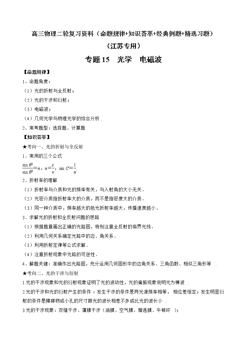 专题15　光学　电磁波-高三物理二轮复习（命题规律+知识荟萃+经典例题+精选习题）(江苏专用)（原卷版）第1页