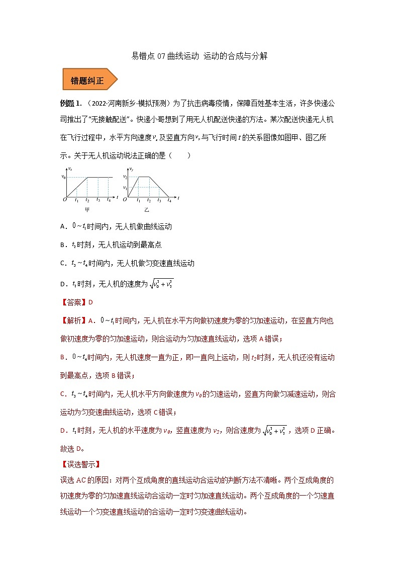 07  曲线运动 运动的合成与分解 ——【冲刺2023】高考物理考试易错题（全国通用）（原卷版+解析版）01